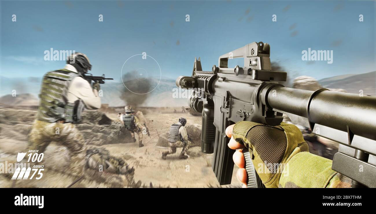 Desert battlefield first person vr rifle view with soldiers and explosions Stock Photo