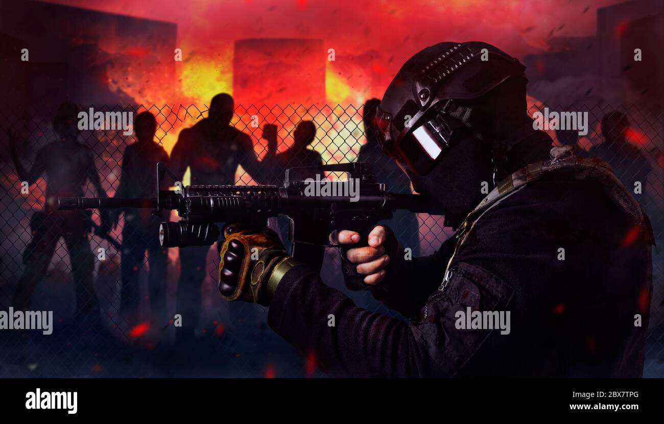 Photo of a swat soldier shooting at attacking zombies on a night