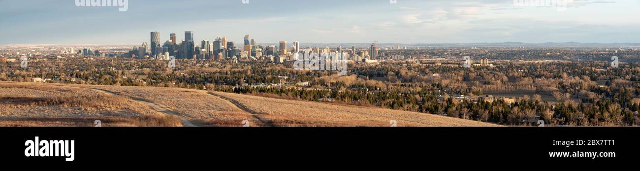 Calgary, Alberta, Canada. Panoramic view of downtown and central Calgary, looking southeast from Nose Hill Park in springtime. Stock Photo