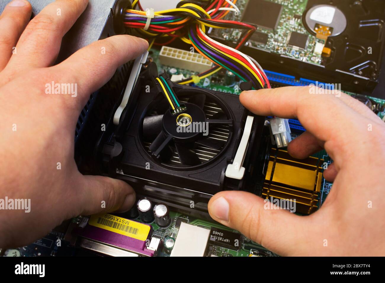 First person view hands installing computer cooler on motherboard. Stock Photo