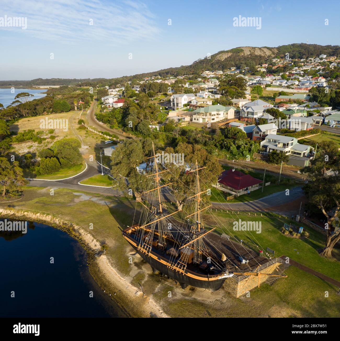 Albany Western Australia November 10th 2019 : Aerial drone view of the replica of the Amity Brig, which is a local tourist attraction built in 1976 Stock Photo