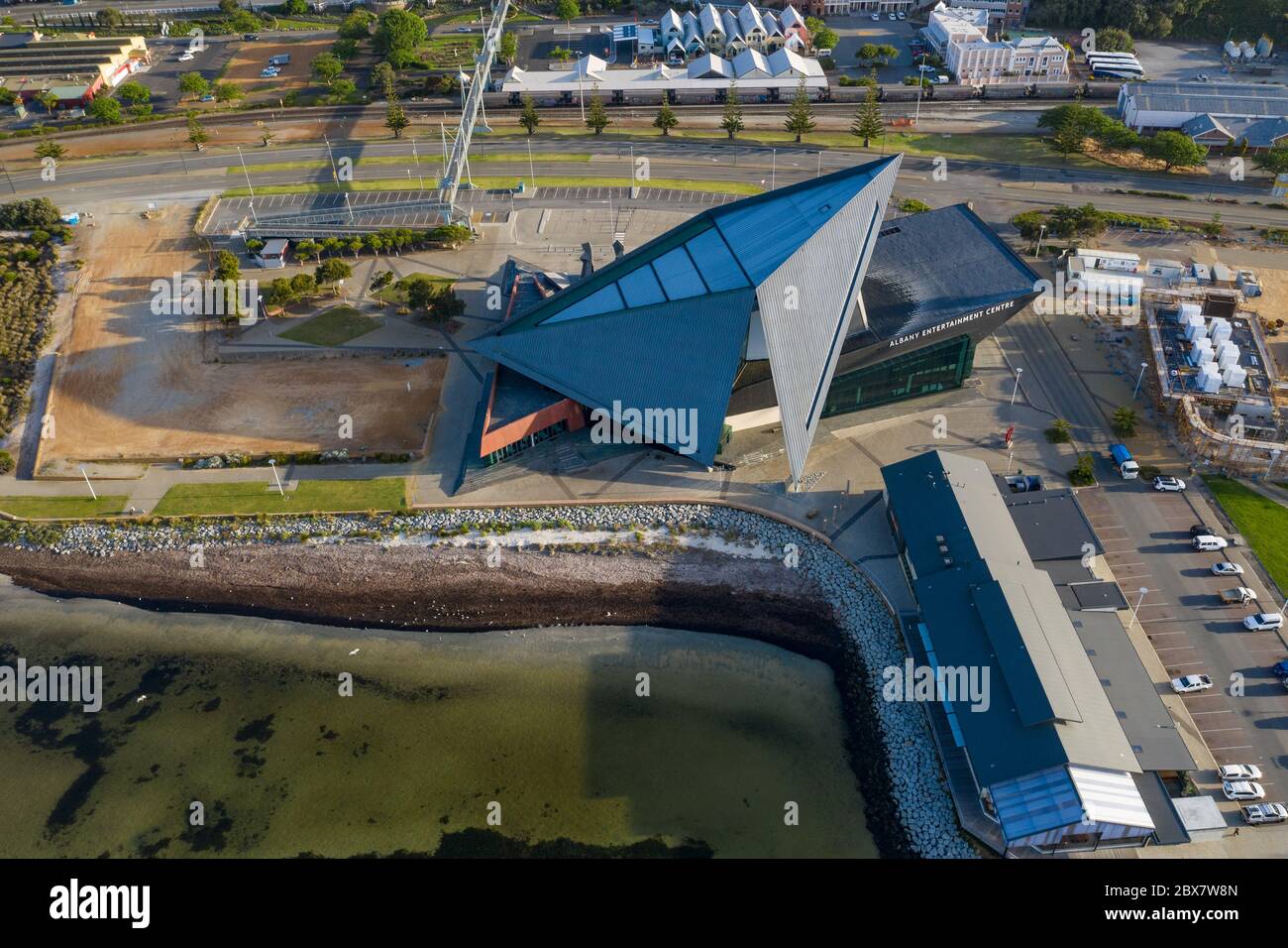 Albany Western Australia November 10th 2019 : Aerial drone view of Albany Entertainment Centre in Western Australia at dawn Stock Photo