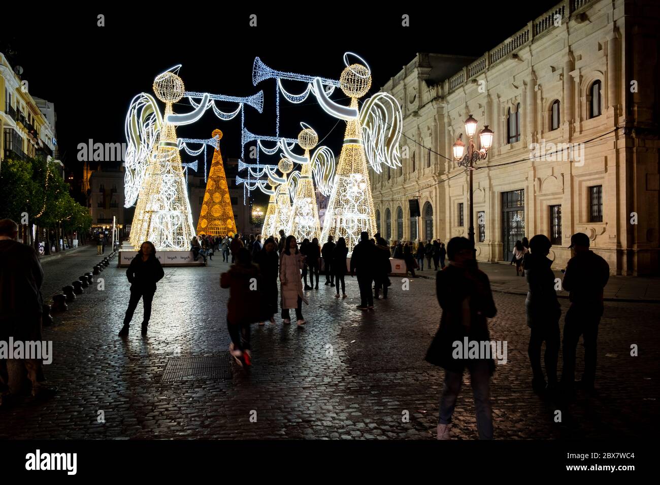 Beautiful Christmas decorations in the shape of an angel illuminate the city. Seville, Andalusia. spain Stock Photo