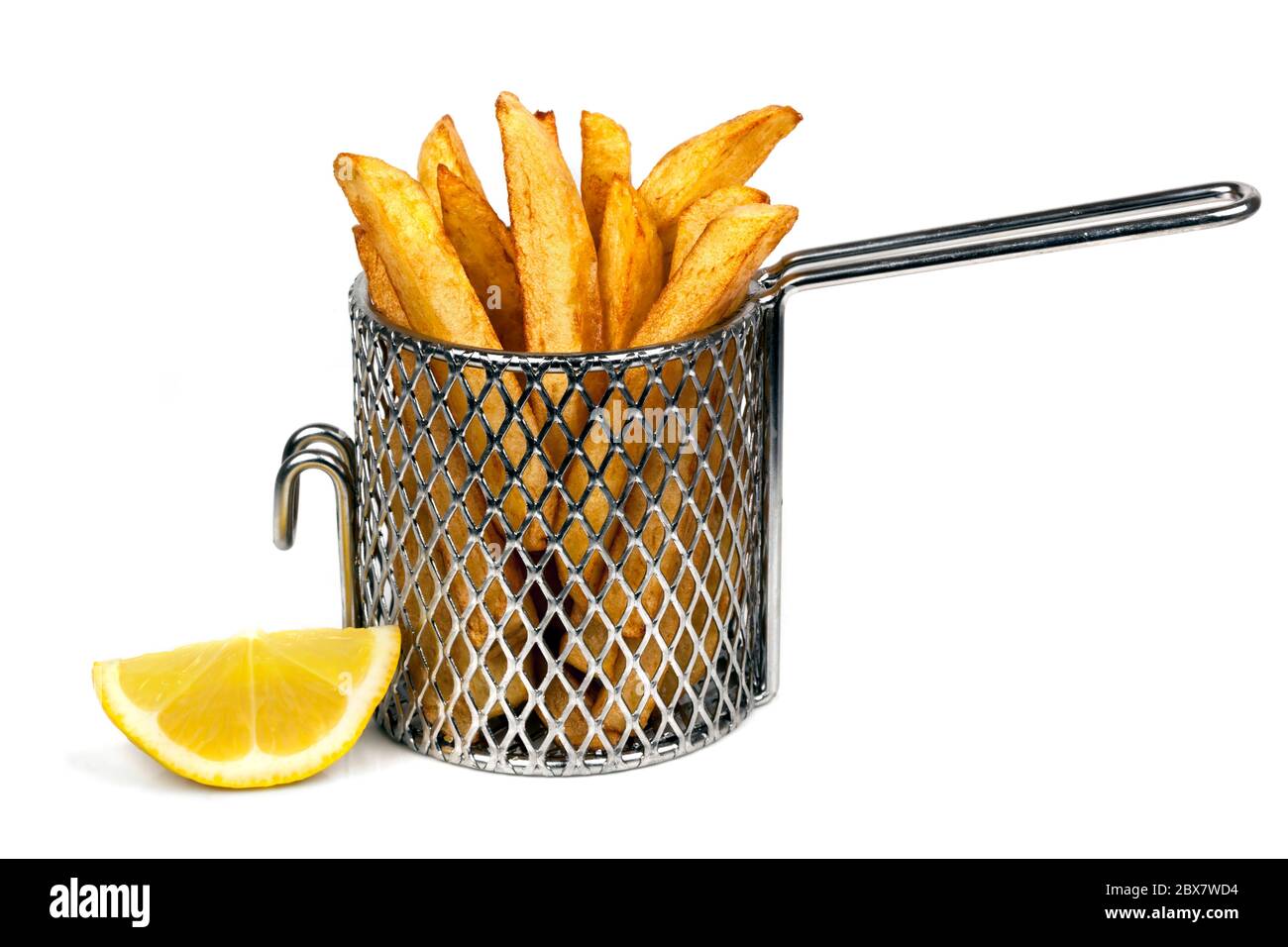Potato chips or french fries in a little wire frying basket, isolated