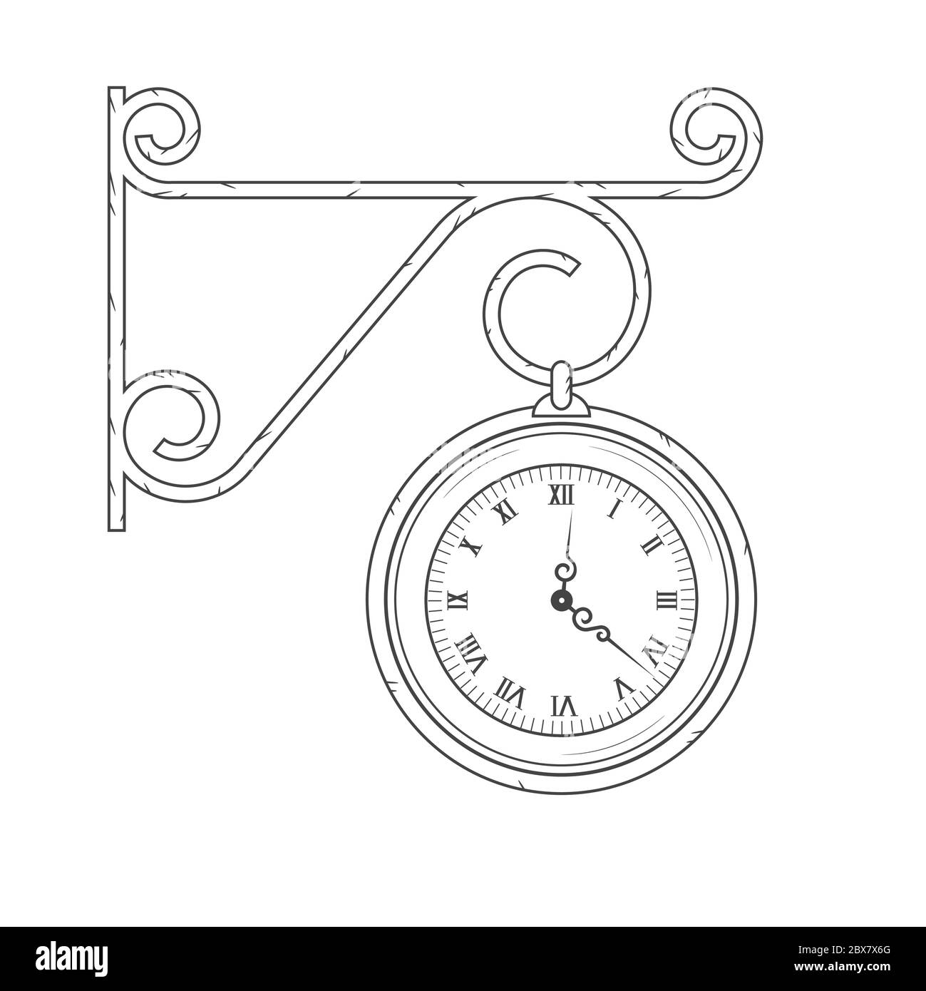 Big street clock. Wall mounted hanging round old vintage clock. simple vector illustration. Graphic isolated sign Stock Vector
