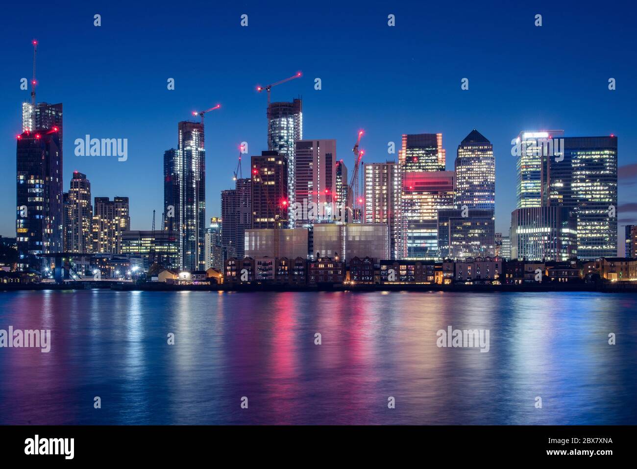 Nigh Time Skyline of Canary Wharf Business District in London, UK Stock Photo