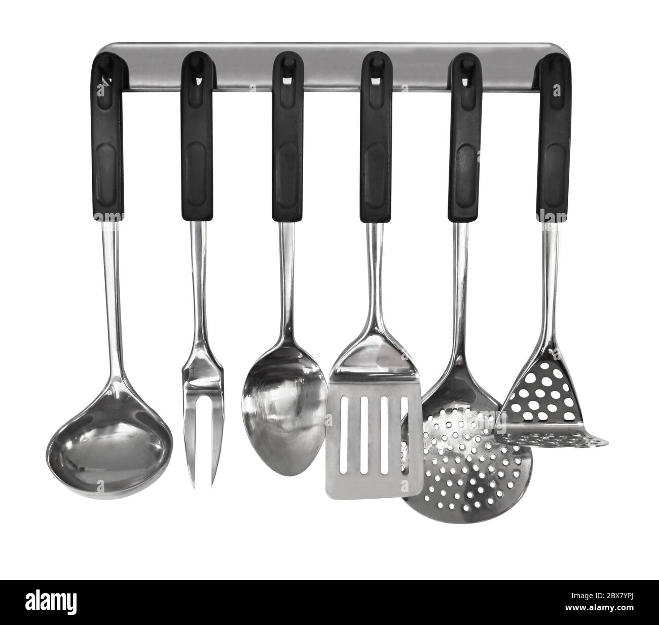 Rack of kitchen utensils, isolated on white.  Stainless steel with black handles. Stock Photo
