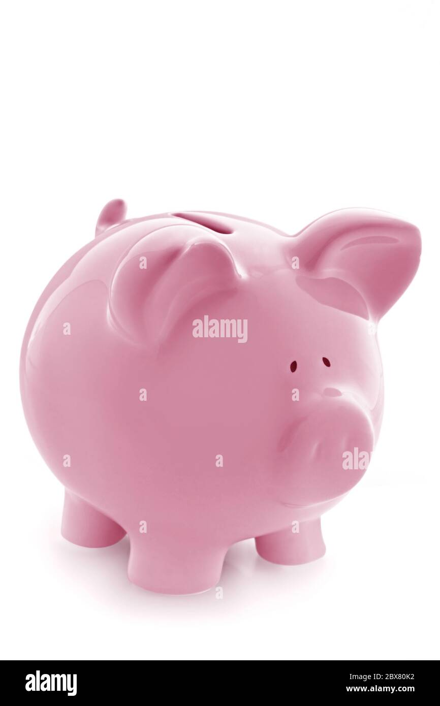 Gorgeous pink piggy bank, isolated on white with soft shadow. Stock Photo