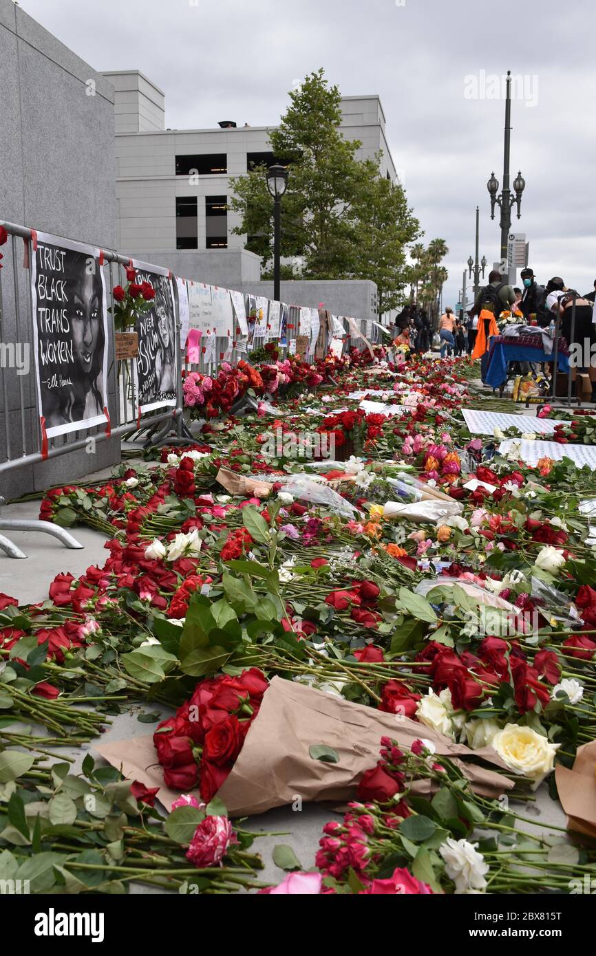 Los Angeles, USA. 6th June, 2020. People pay their tribute to George Floyd by laying flowers outside the Hall of Justice in Los Angeles, the United States, on June 5, 2020. Credit: Xinhua/Alamy Live News Stock Photo