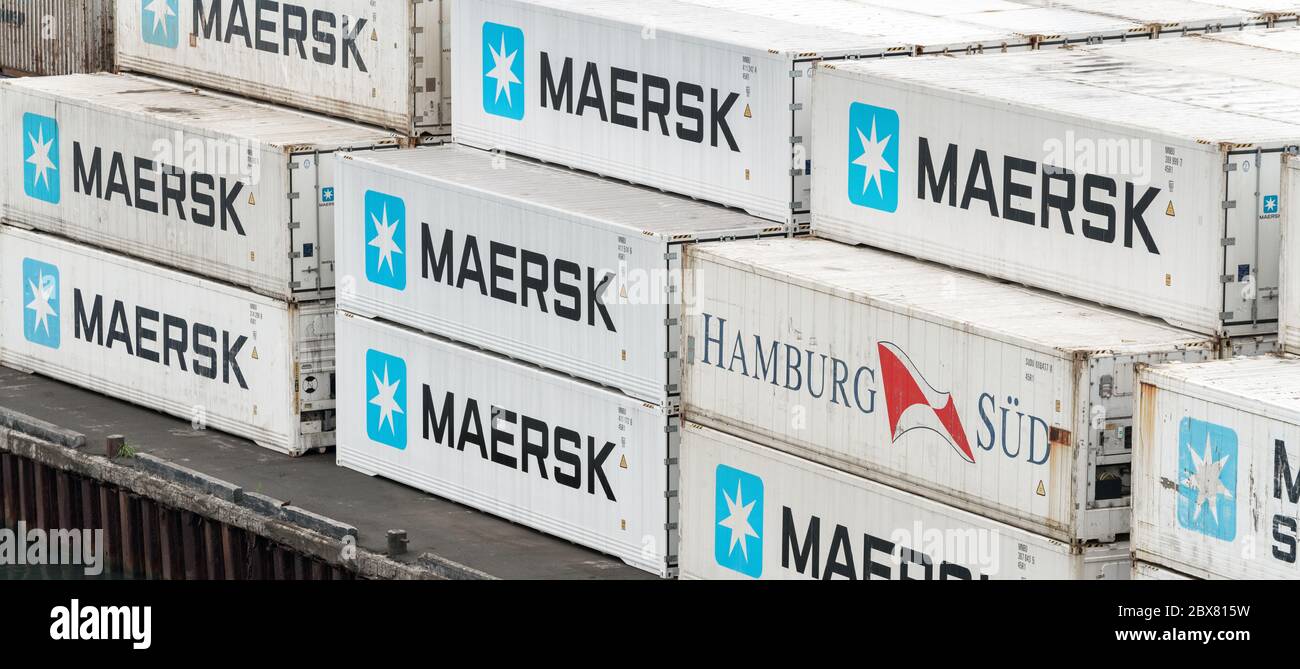 Large group of sea cargo freight containers Maersk and Hamburg Süd stacked  on pier container terminal warehouse commercial sea port in Pacific Ocean  Stock Photo - Alamy