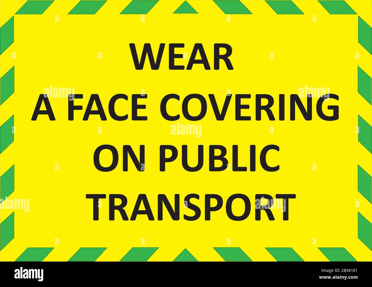 WEAR A FACE COVERING ON PUBLIC TRANSPORT warning sign. Yellow and green quarantine sign that help to battle against Covid-19 in England. Vector. Stock Vector
