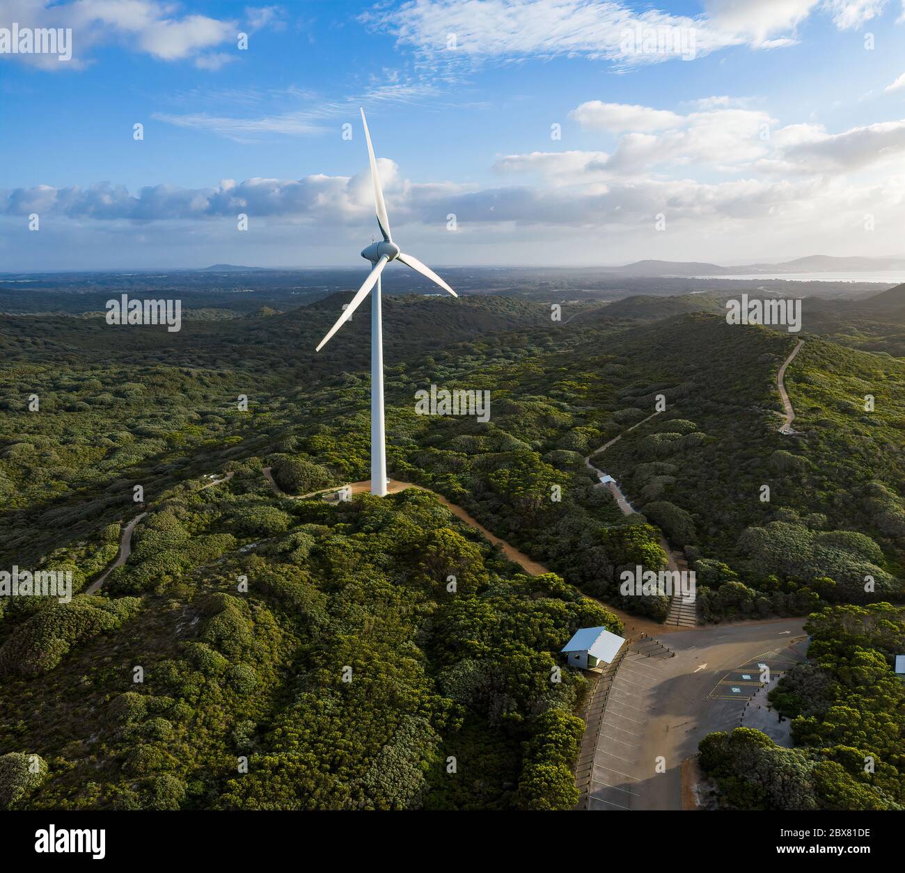Panoramic aerial view of the Albany wind farm, originally commissioned in 2001, it now cosists of 18 turbines producing 80 per cent of the electricity Stock Photo