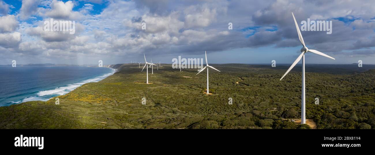 Panoramic aerial view of the Albany wind farm, originally commissioned in 2001, it now cosists of 18 turbines producing 80 per cent of the electricity Stock Photo