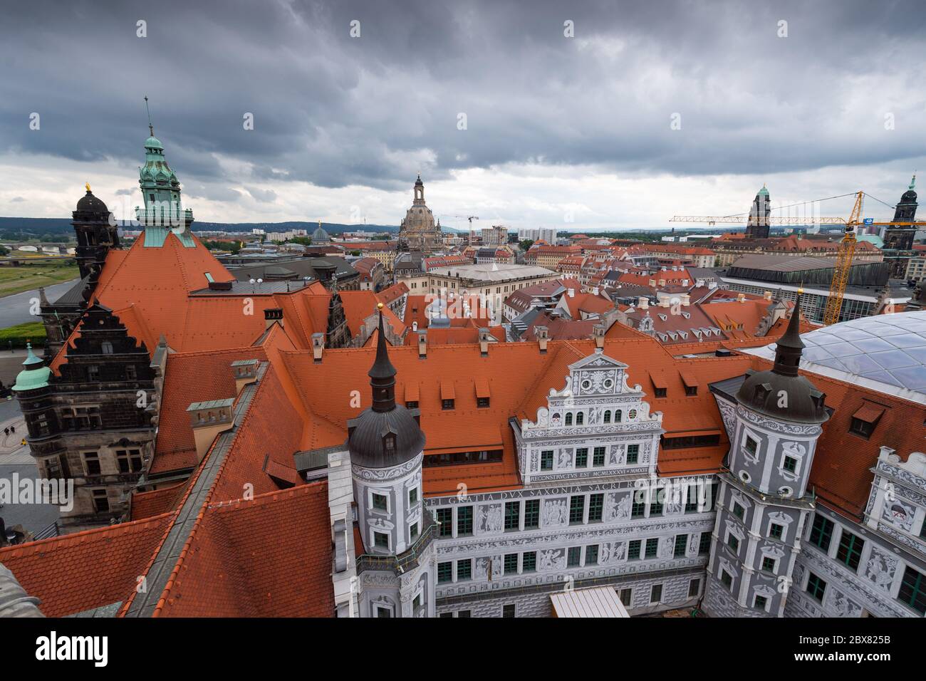 Dresden, Germany. 05th June, 2020. View from Hausmannsturm over the courtyard of the Residence Palace to the old town with the Ständehaus (l-r), the Georgentor, the Frauenkirche, the City Hall, the Kulturpalast and the Kreuzkirche. Credit: Robert Michael/dpa-Zentralbild/dpa/Alamy Live News Stock Photo