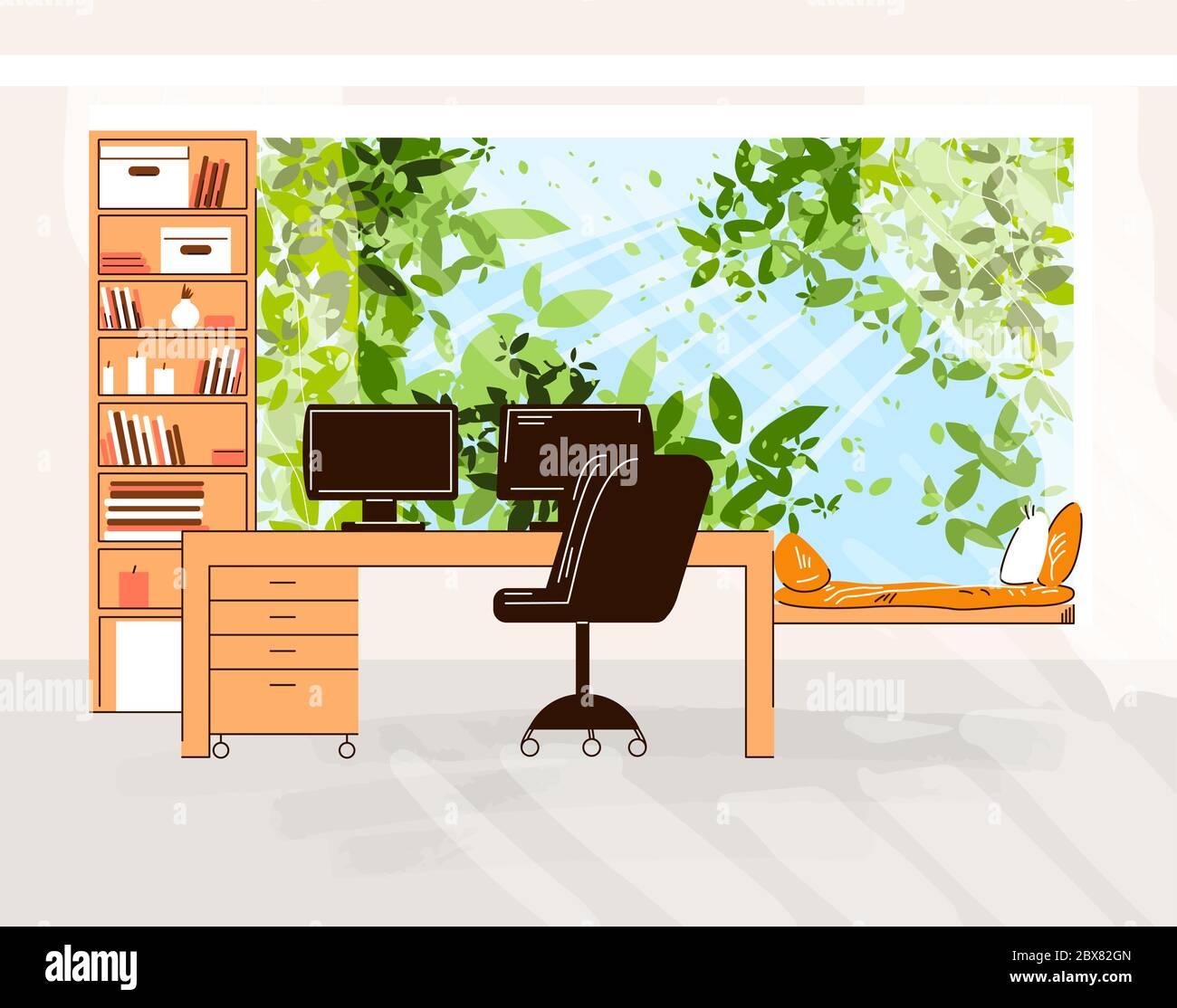 Home Office Vector Flat Illustration of Cozy work desk with computer and monitor, office chair, shelfs with books in front of Outdoor green trees and Stock Vector