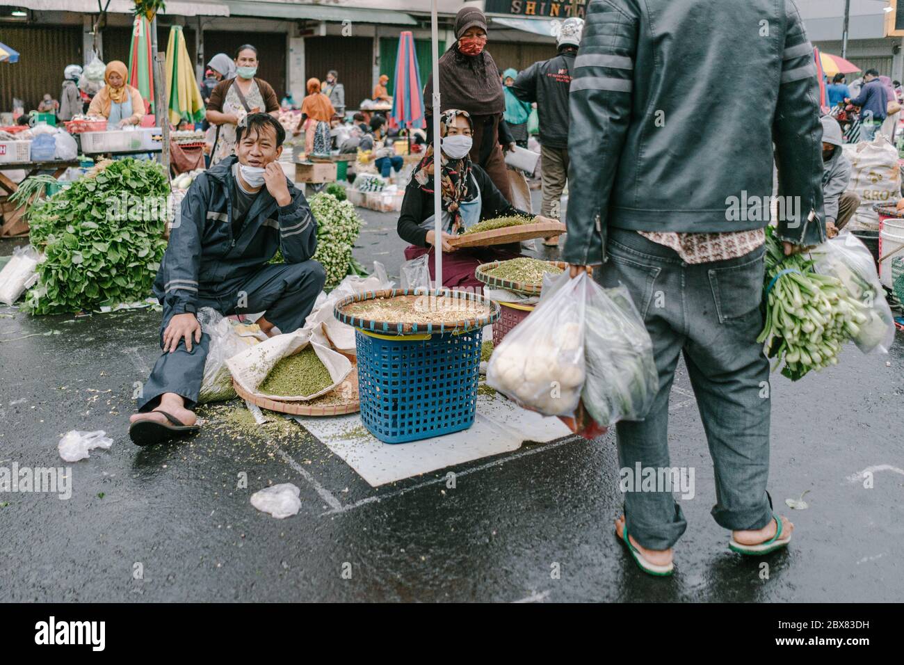 Physical Distancing in Traditional Market of Salatiga City Stock Photo