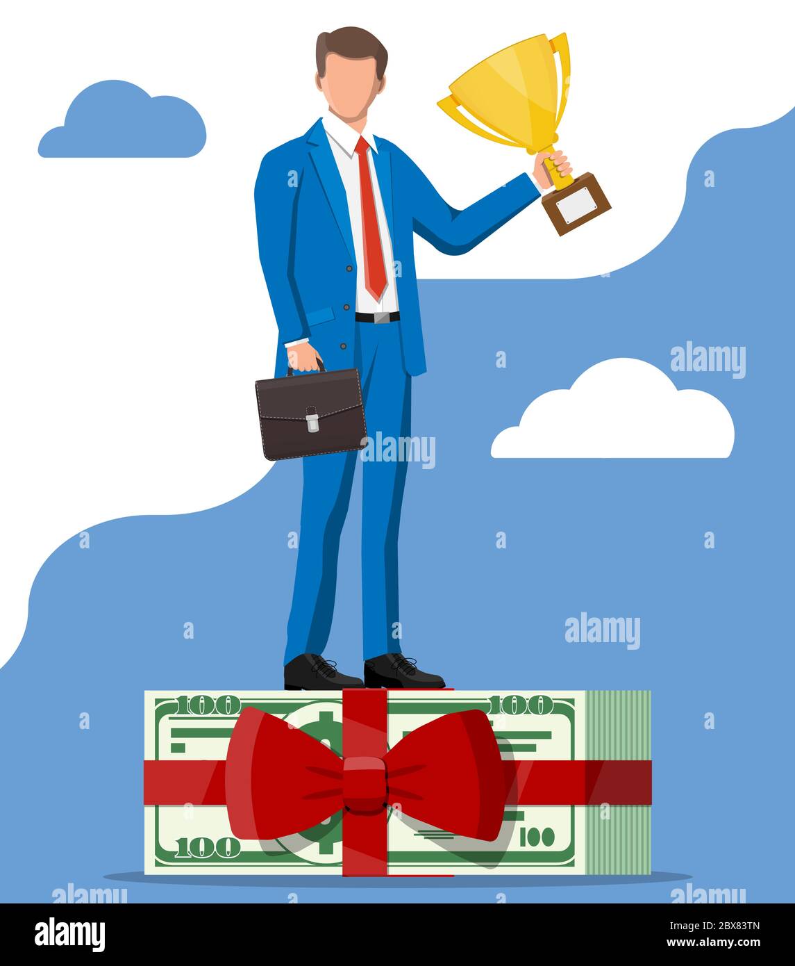 Successful businessman with dollar bundle holding trophy, celebrates his victory. Business success, triumph, goal or achievement. Winning of competition. Vector illustration flat style Stock Vector