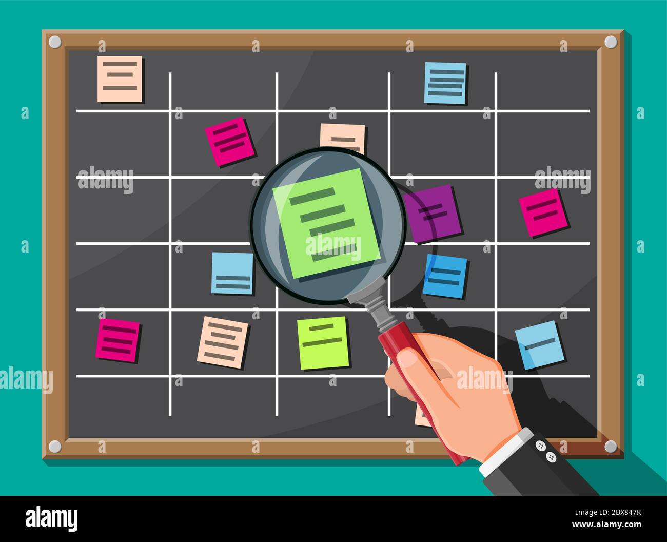Scrum board and magnifying glass. Bulletin board hanging on wall full