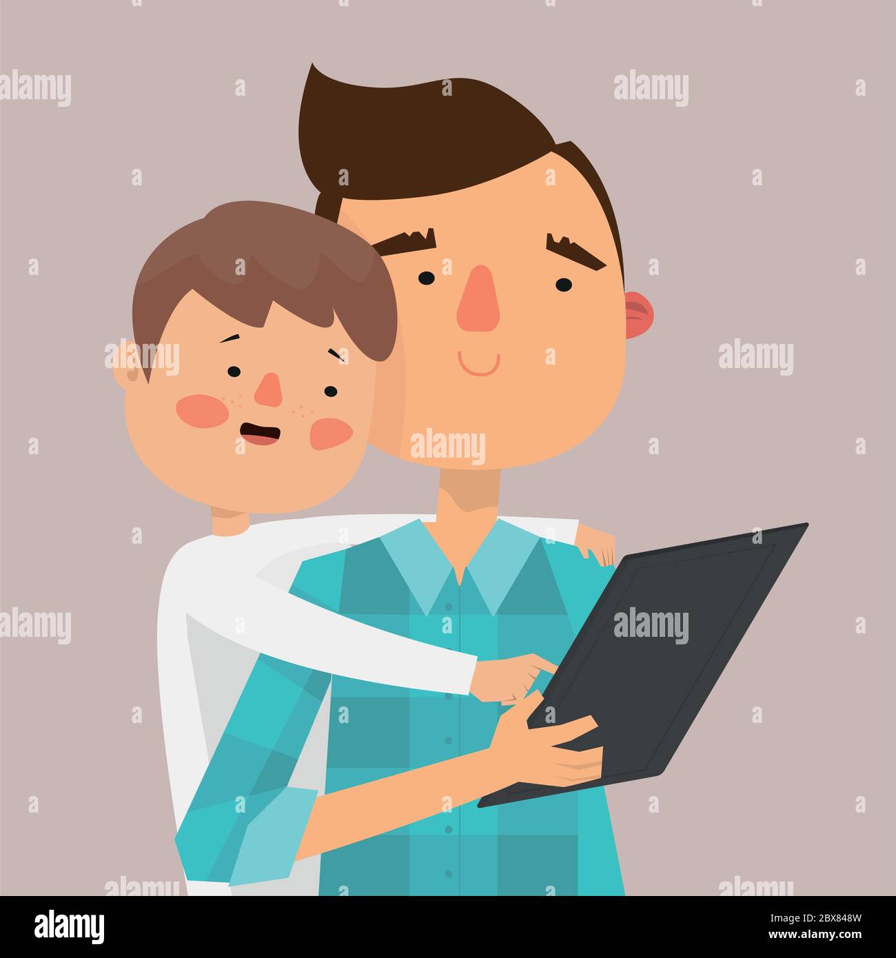 Father and son using laptop. Family using technology. Vector illustration. Stock Vector