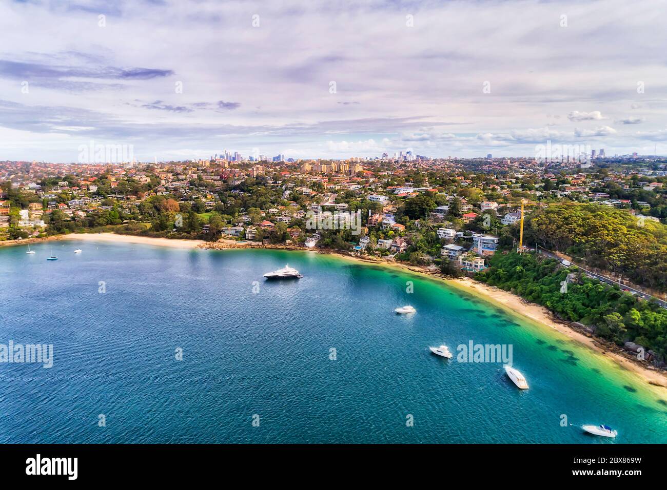 Mid harbour in Sydney aerial view over local floating yachts and