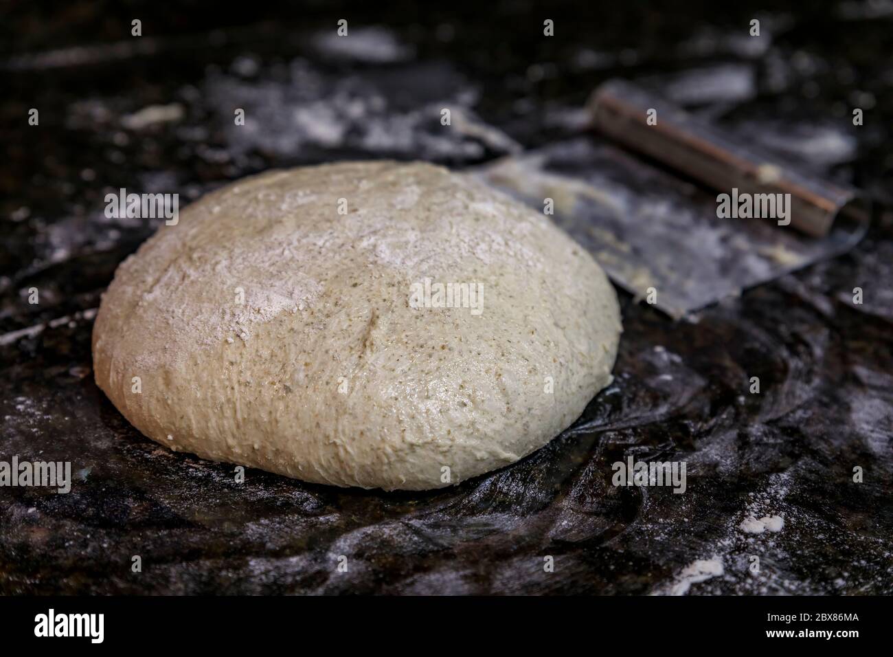 High hydration rye and wheat sourdough ready for shaping a loaf of
