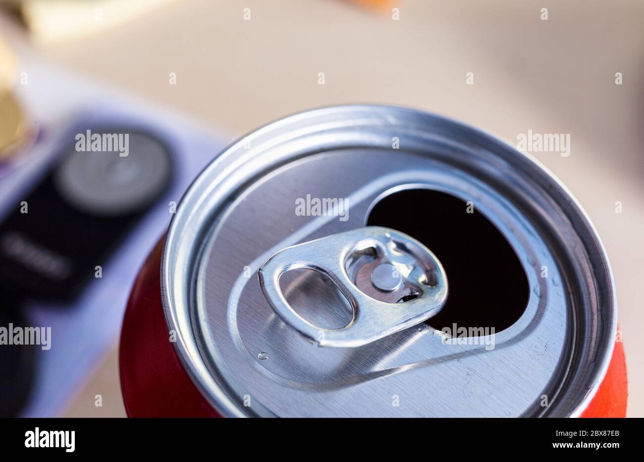 Beer Can Ring Pull, close up open beer cans with locking ring Stock