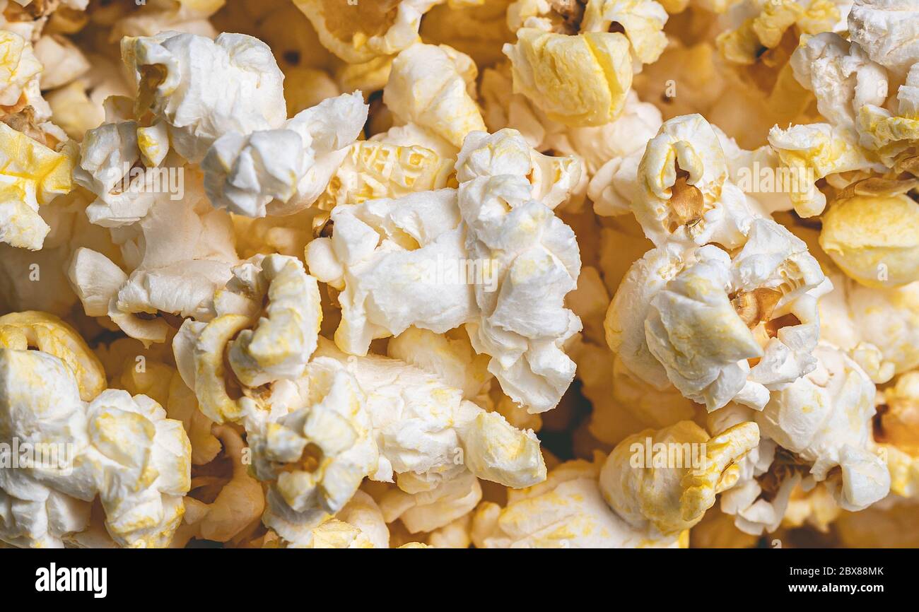 Buttered popcorn in macro photography. Stock Photo