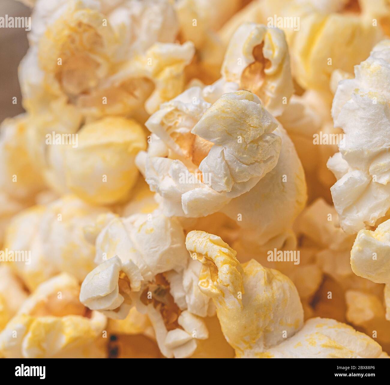 Buttered popcorn in macro photography. Stock Photo