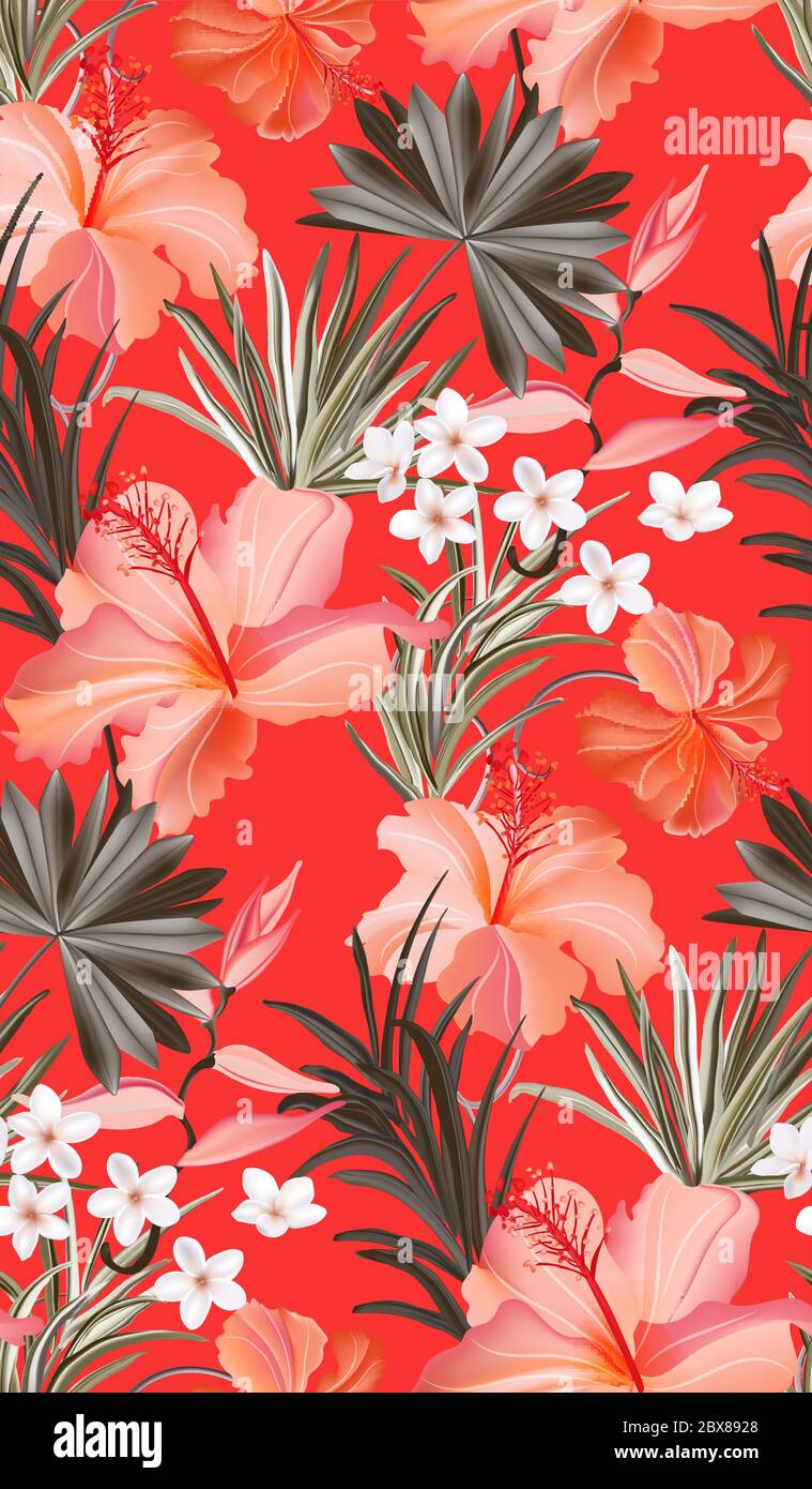 Red hibiscus tropical floral pattern. Colorful abstract summer flower  wallpaper. Green orange color texture illustration in vector Stock Vector  Image & Art - Alamy