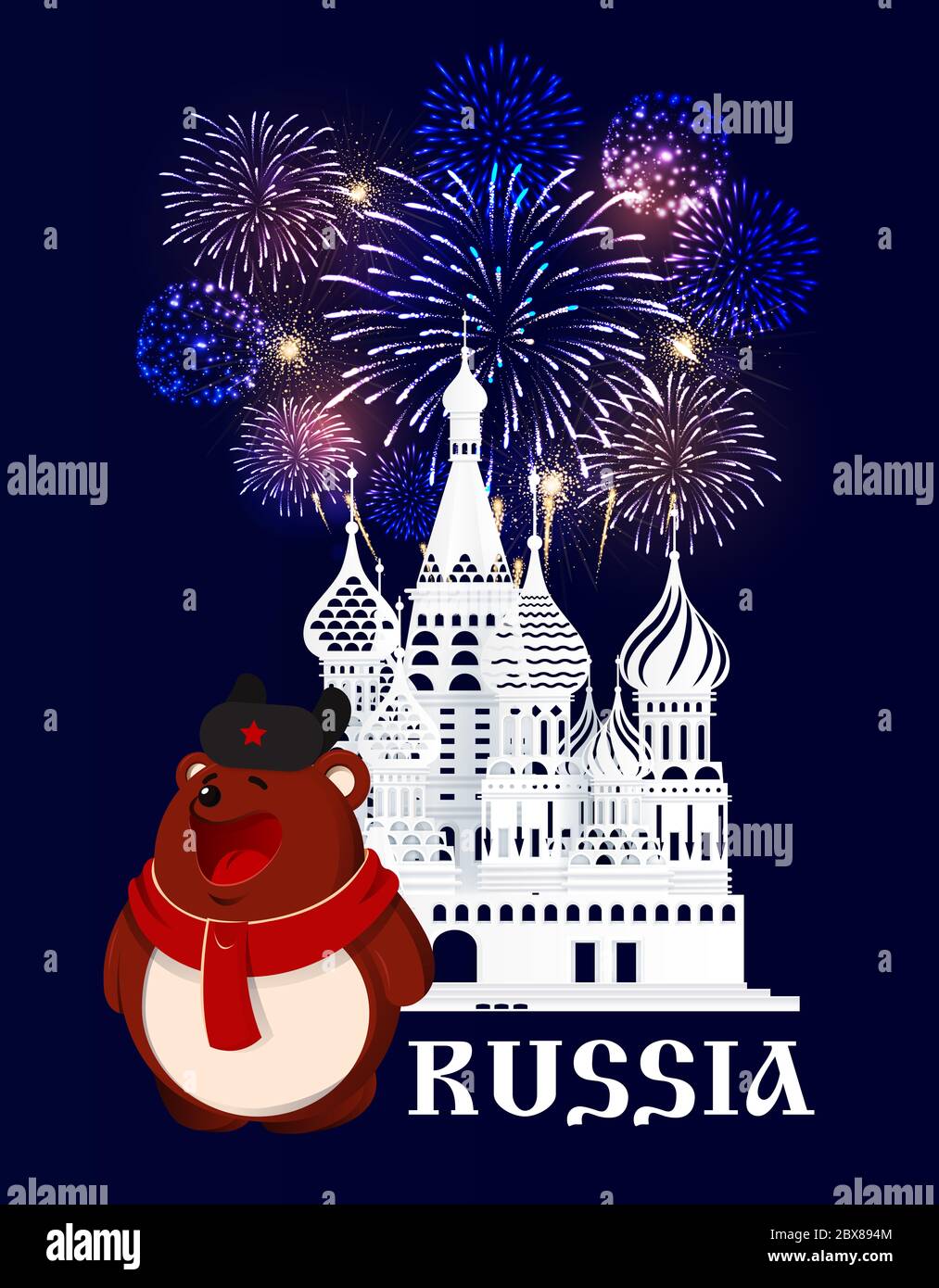 Russia. Moscow. Red Square. Brown bear in scarf and hat stays in front of St. Basil's Cathedral silhouette. Blue background with fireworks. Stock Photo