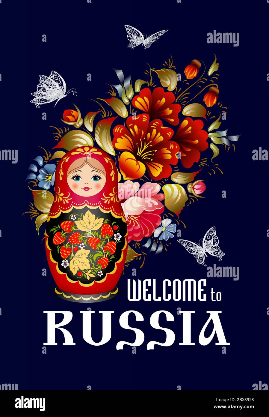 Welcome to Russia. Russian doll and floral ornament in Russian style. Matreshka and Khokhloma. Stock Photo