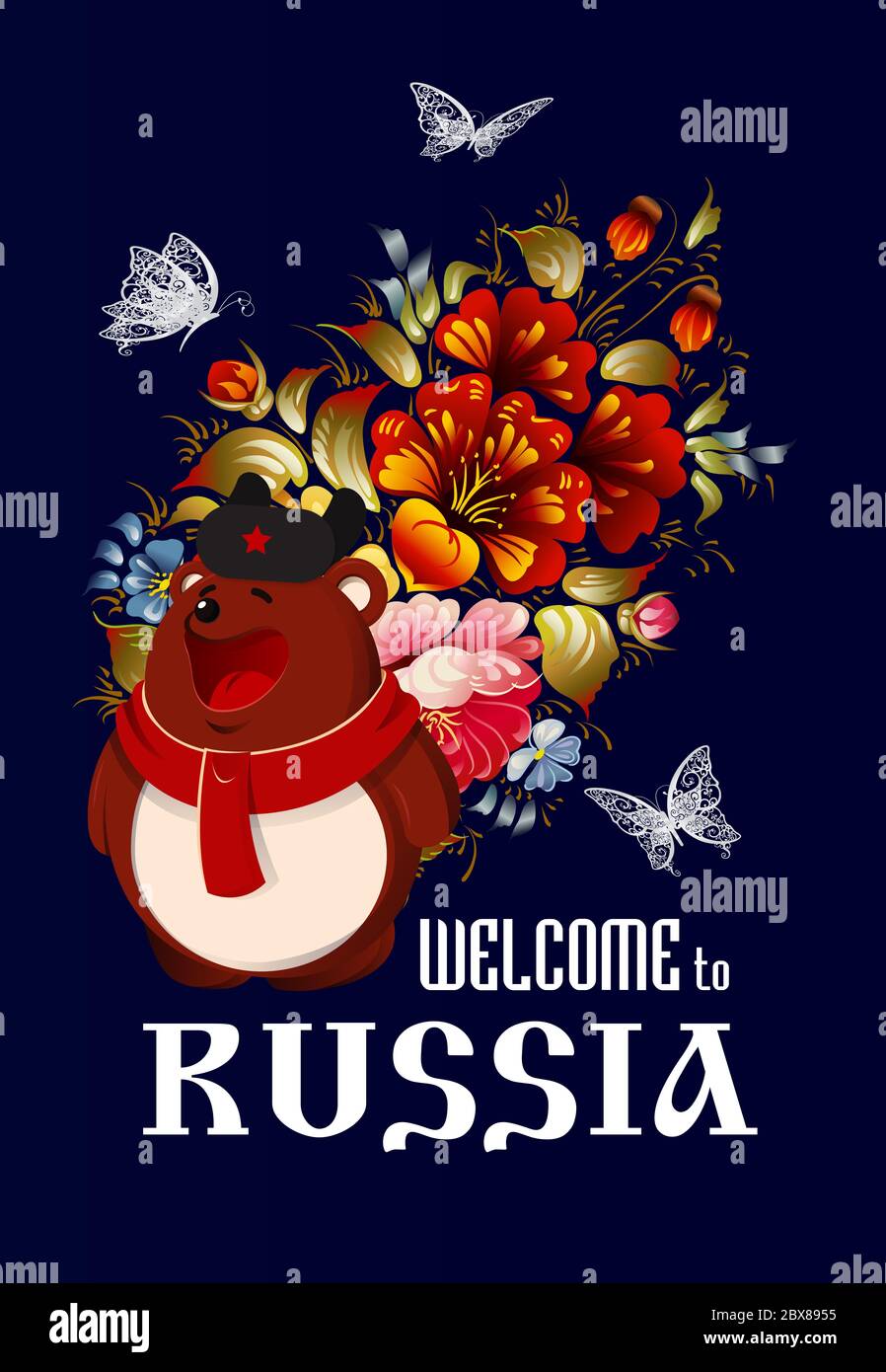 Welcome to Russia. Brown bear in hat and floral ornament in Russian style. Stock Photo