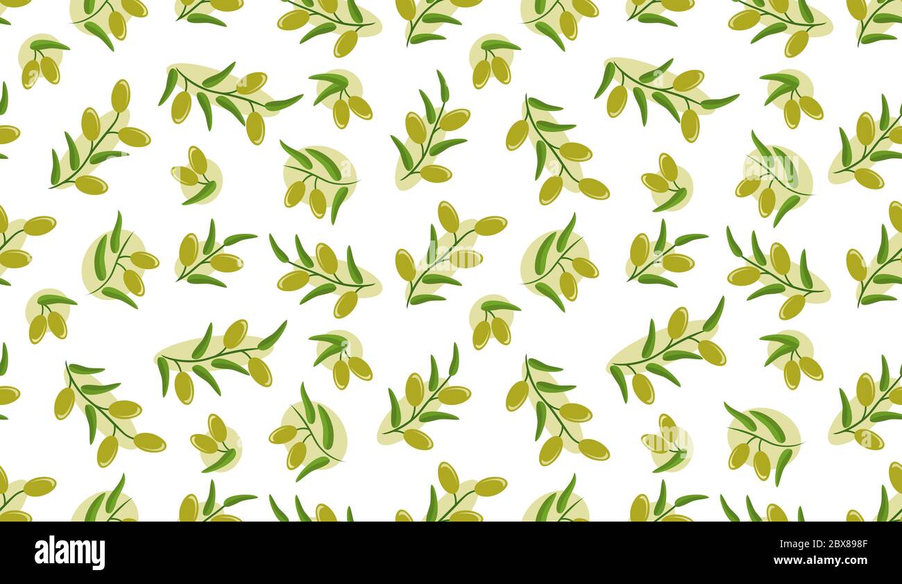 Olive seamless pattern. Vector decorative olive branch. Branches with green olives on white
