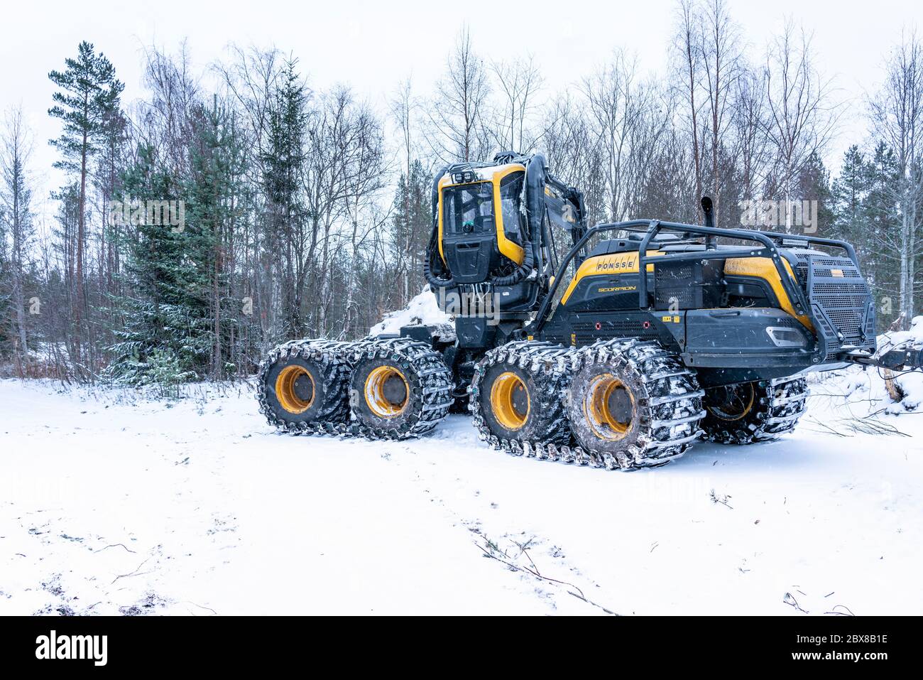 Umea, Sweden NOVEMBER 10, 2019: High performance modern forestry machine for forest cutting, stacking and logging, delivering peak efficiency and prod Stock Photo