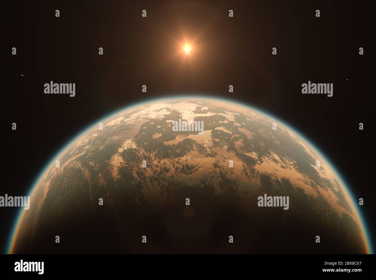 Horizon Landscape of Habitable Earth Like Planet with Two Moons and Sun in Space - Livable Exoplanet with Dual Moon Orbiting Red Dwarf System Stock Photo