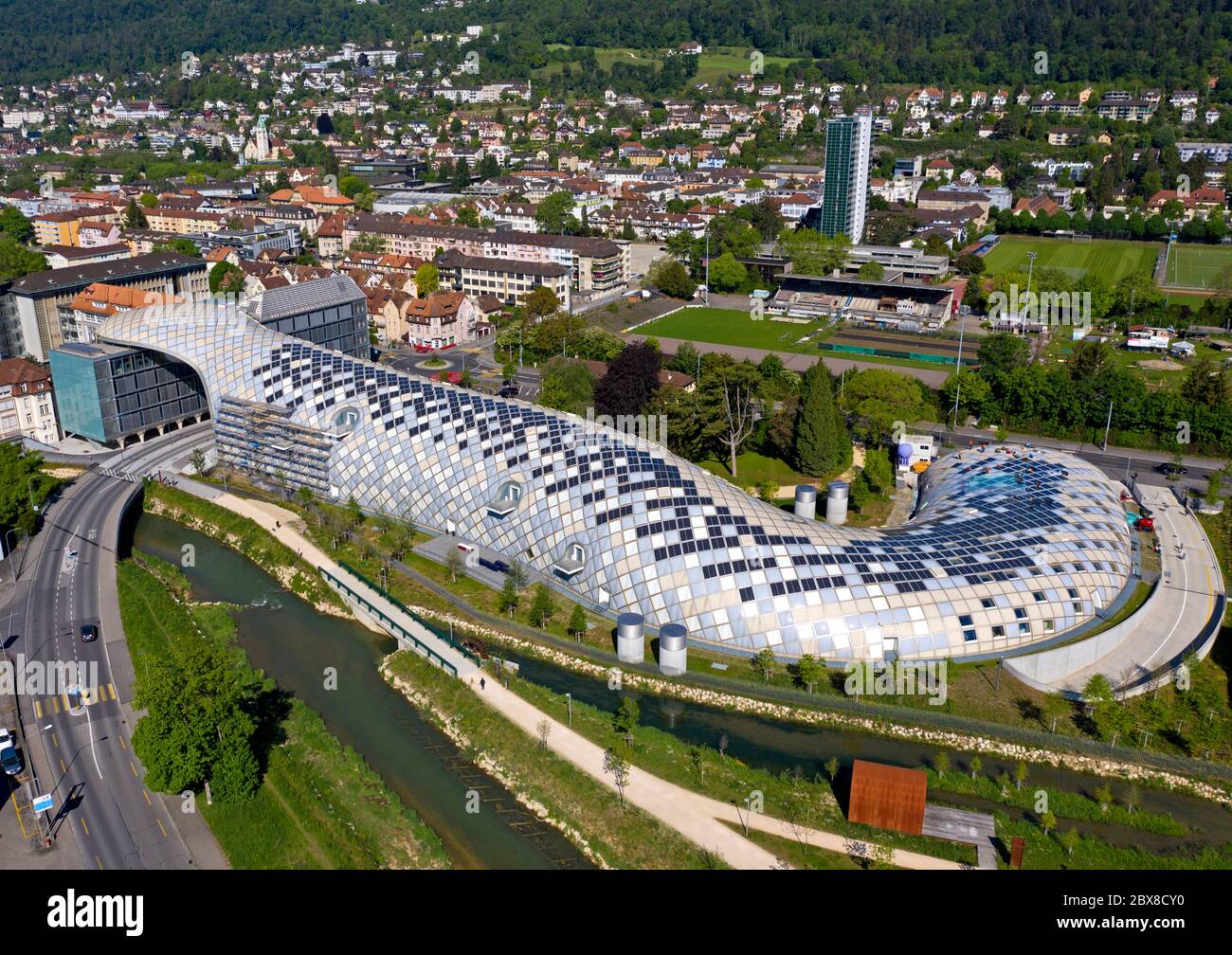Headquarters of the Swiss watch manufacturer Swatch by the architect Shigeru Ban, Biel, Switzerland Stock Photo