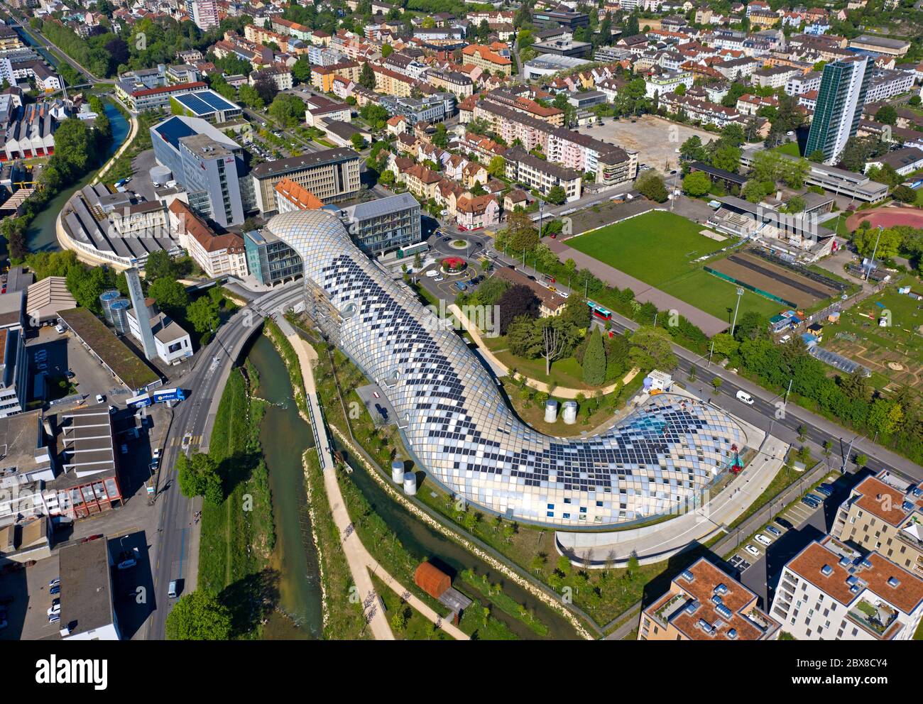 Headquarters of the Swiss watch manufacturer Swatch by the architect Shigeru Ban, Biel, Switzerland Stock Photo