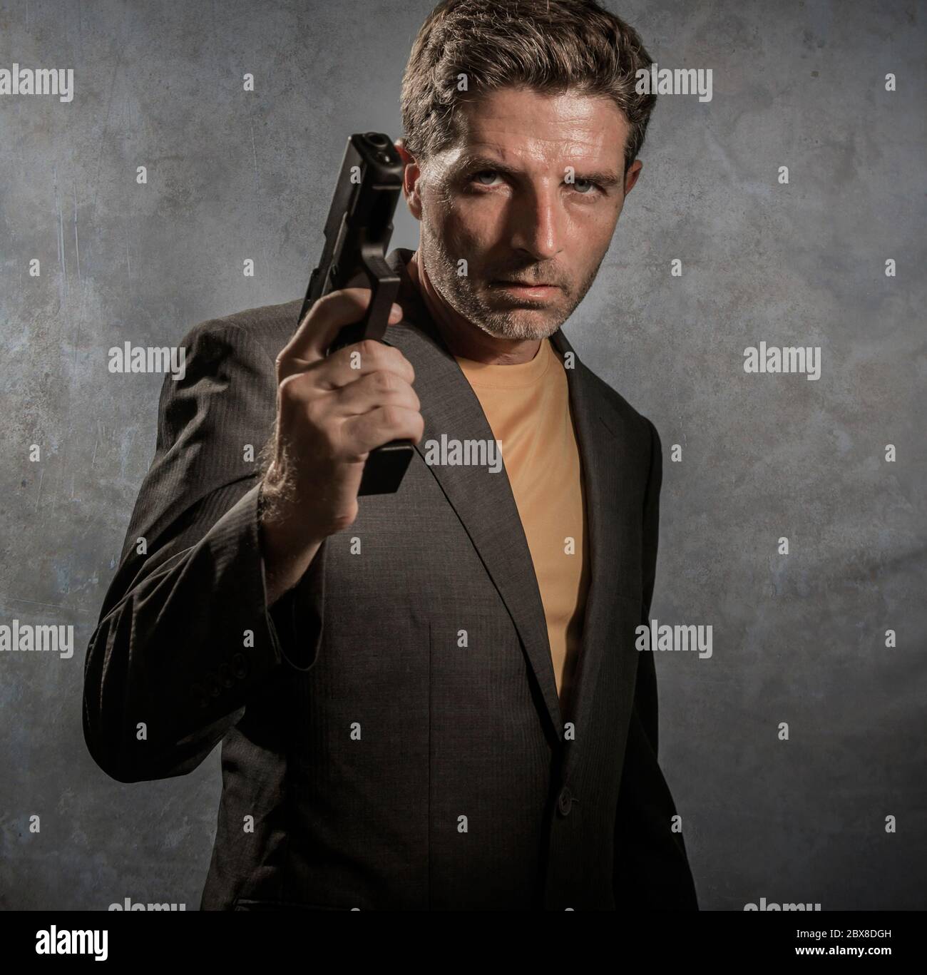 grunge cinematic portrait of attractive and dangerous looking mafia