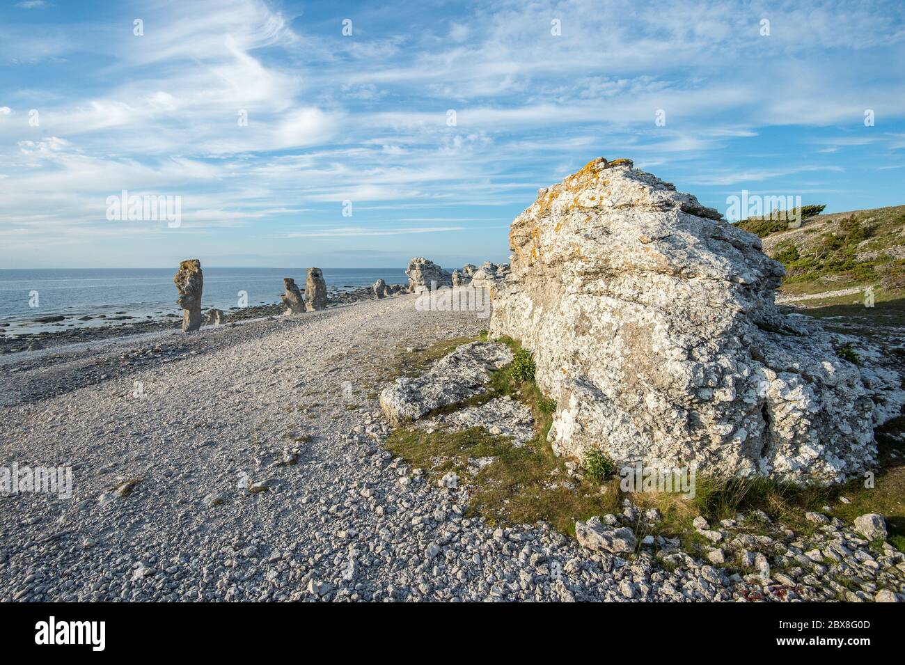 Langhammars on Fårö island in the Baltic sea. Langhammars is famous for its collection of limestone sea stacks. Stock Photo