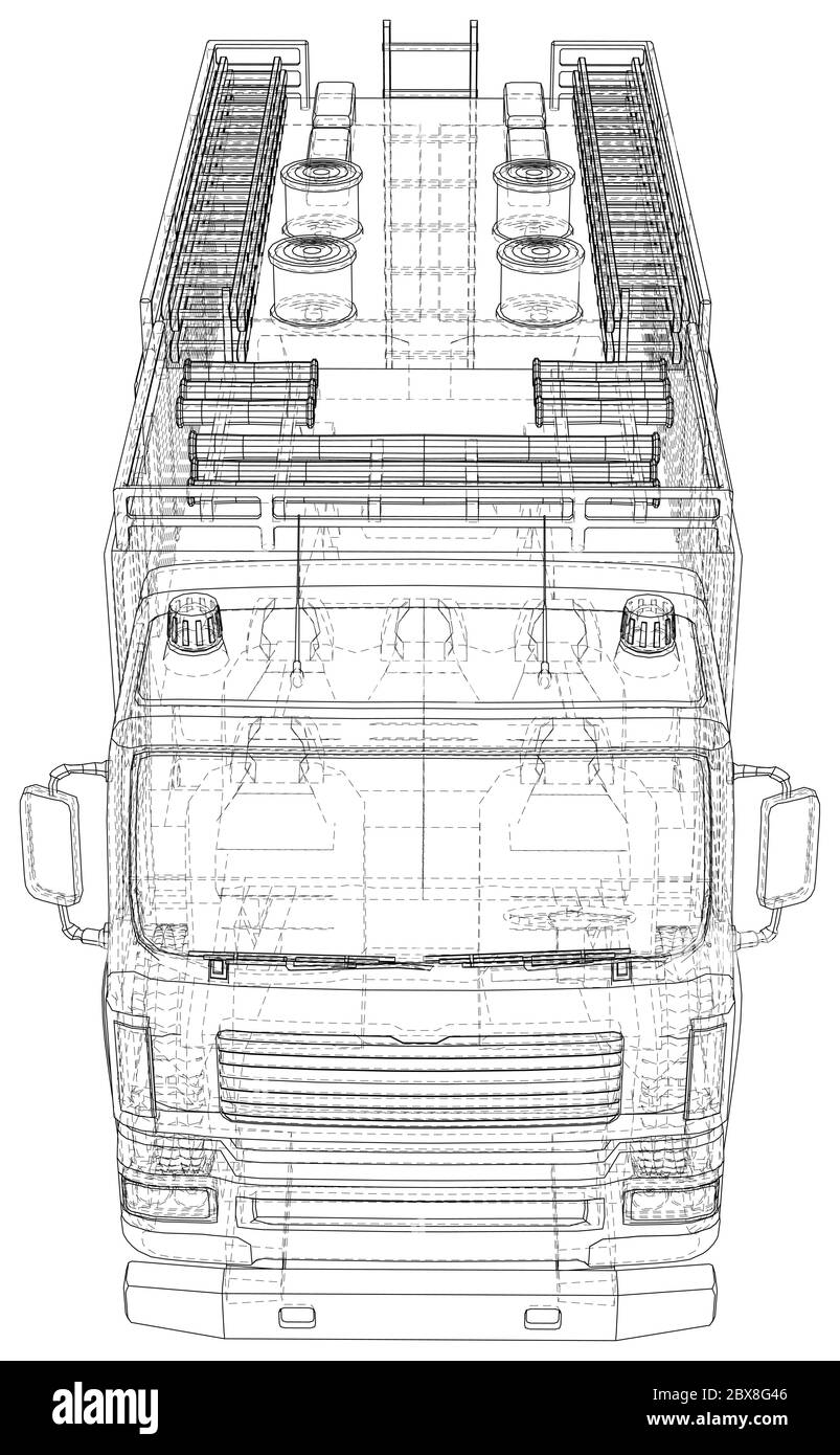 Fire Engine vector. Fire truck Wire-frame line isolated. Vector rendering of 3d. Stock Vector