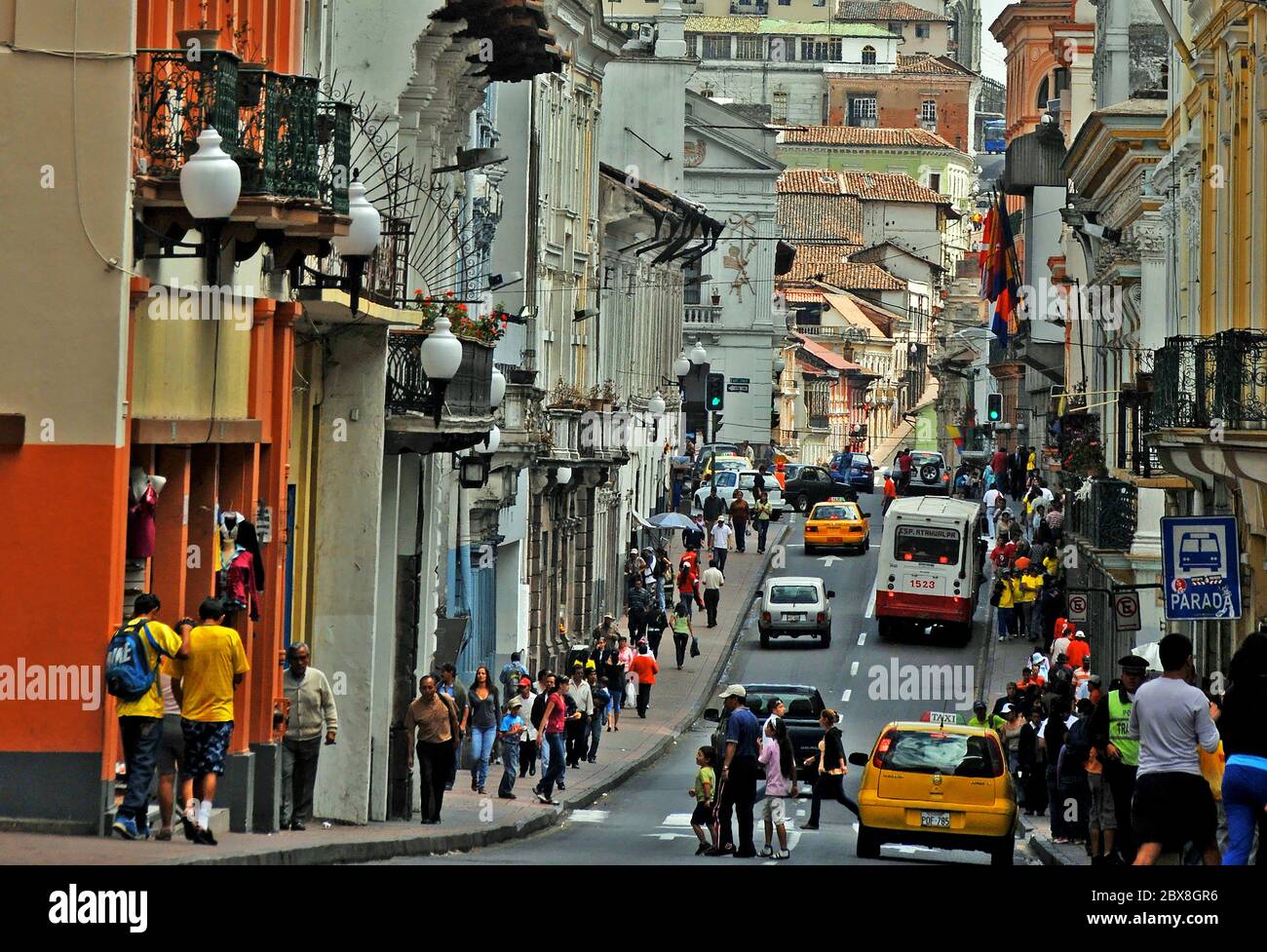 main street in the historic district of Quito, Ecuador Stock Photo