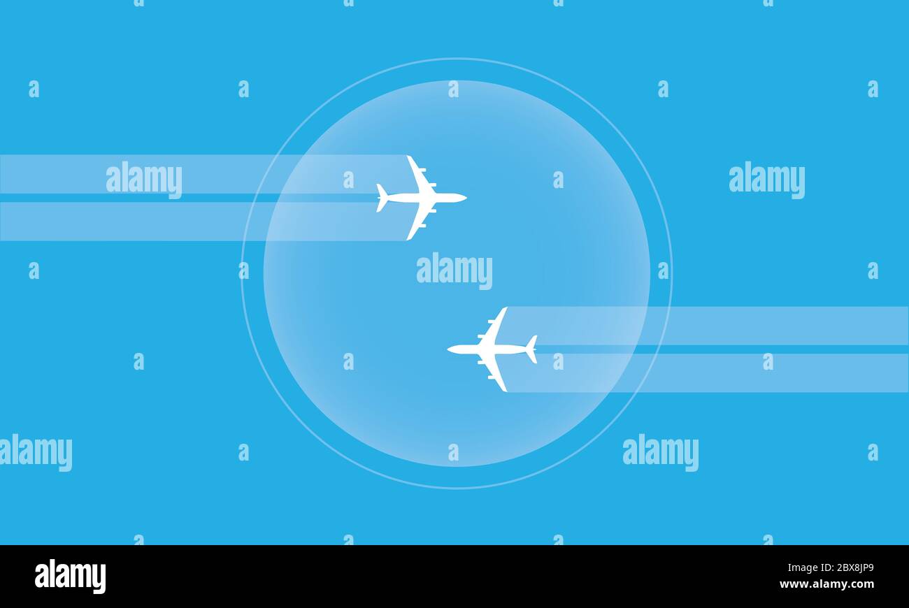 Bubble travel Airplane white smoke contrail tail in bubble blue background vector art Stock Photo