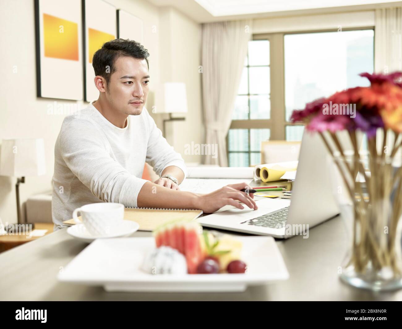 young asian business man working from home sitting at kitchen counter looking at laptop computer (artwork in background digitally altered) Stock Photo