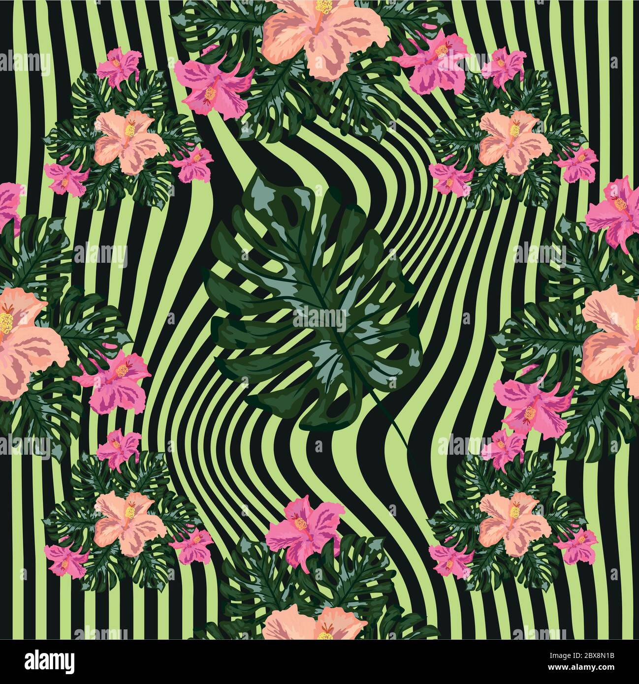 Exotic seamless pattern with tropical leaves and flowers on a black ...
