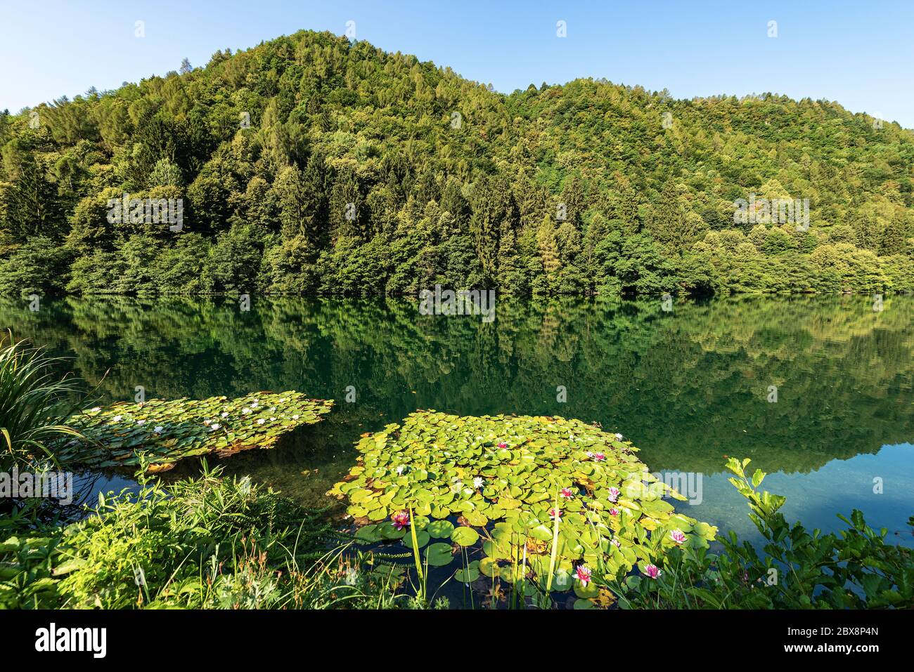 Lago di Levico, small beautiful lake in Italian Alps, Valsugana valley, Levico Terme town, Trento province, Trentino Alto Adige, Italy, Europe Stock Photo