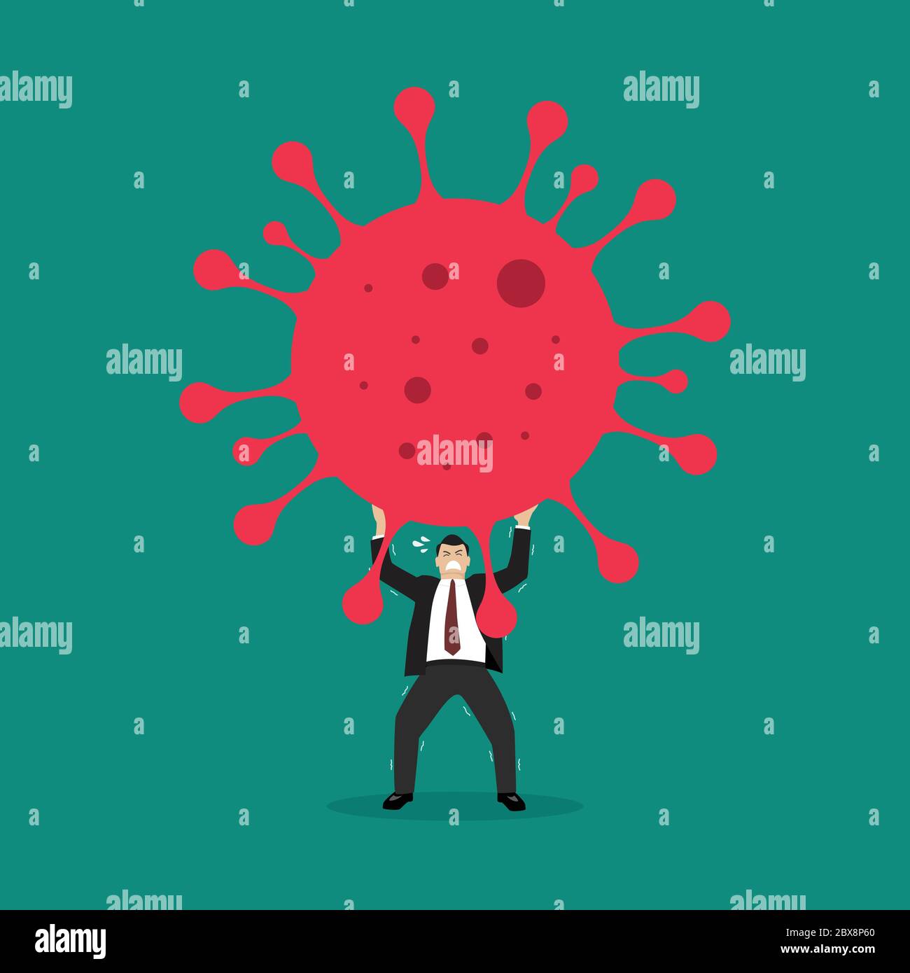 Businessman struggling to carry virus. Covid-19 Coronavirus concept. Vector illustration Stock Vector