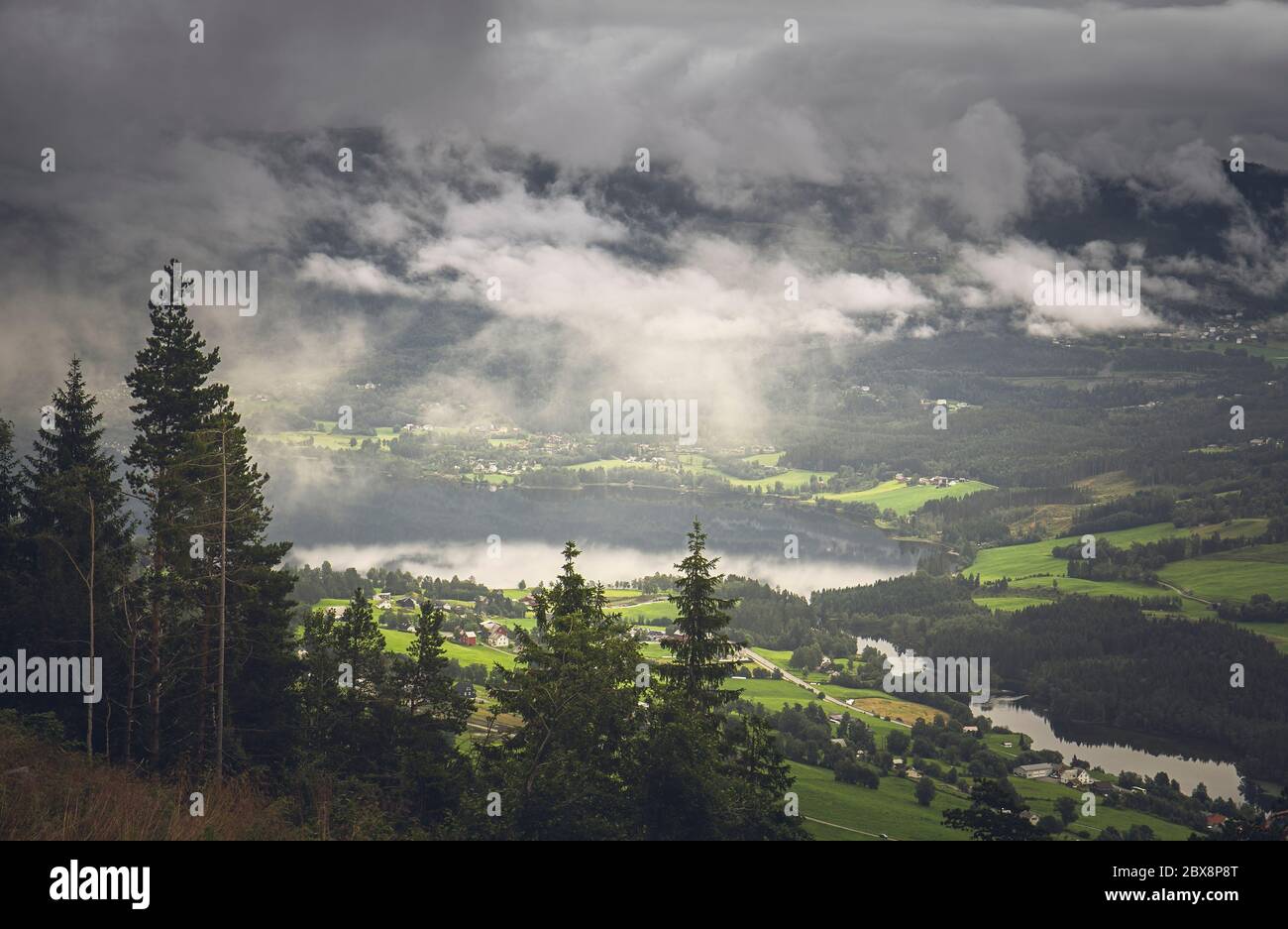 Aerial Misty Morning View of Voss, Hordaland, Norway Stock Photo