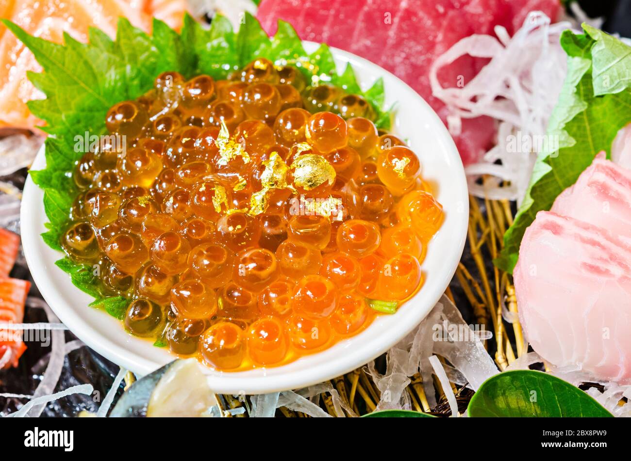 Japanese Fish Roe Close up ikura (salmon roe) in sashimi set, Japanese food style Stock ...