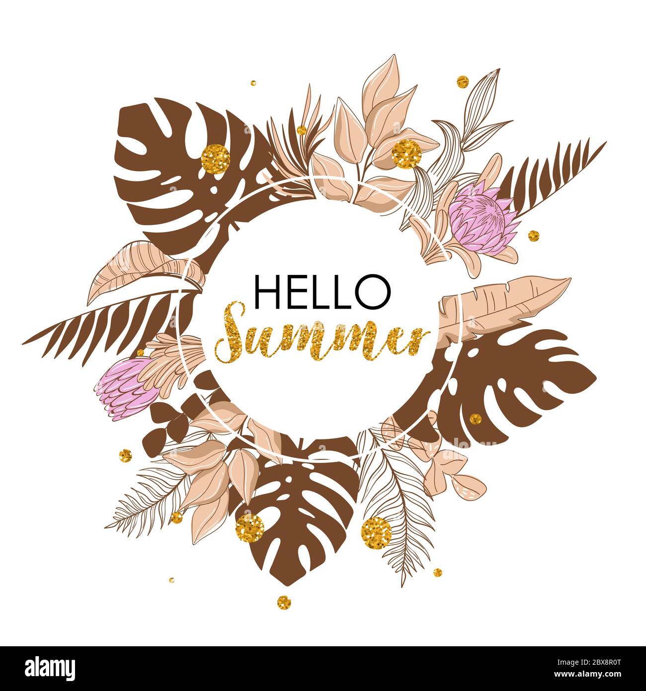 Hello summer, trendy banner with tropical leaves. Vector illustration in beige colors Stock Vector