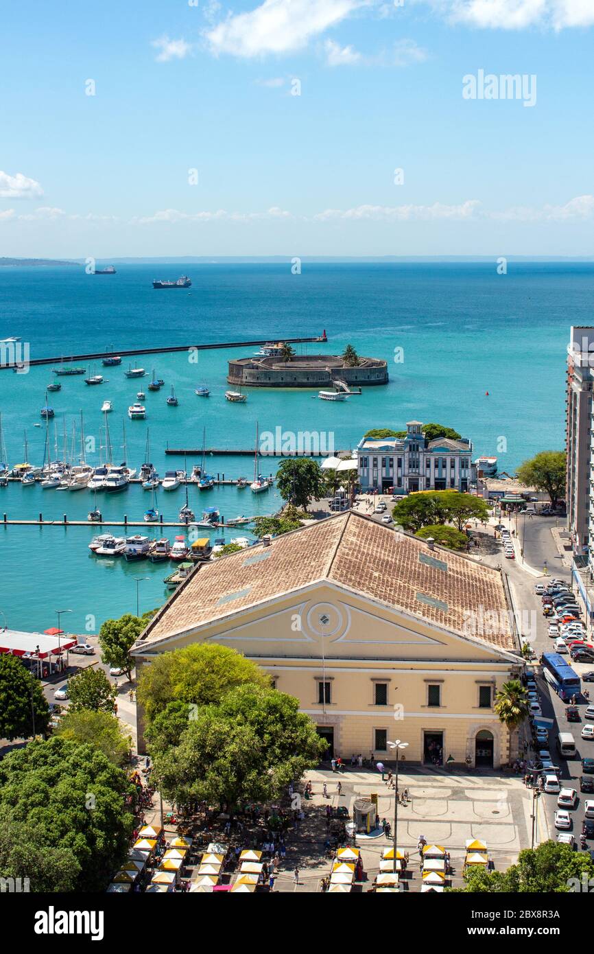 Salvador Brazil city skyline view with Mercado Modelo and Bay of All Saints(Baia de Todos os Santos). Fort San Marcelo. Stock Photo